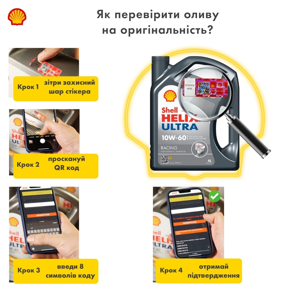 Моторна олива Shell Helix Ultra Racing 10W-60 - перевірка оригінальності