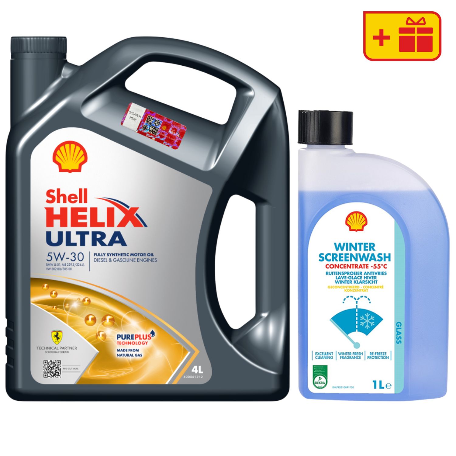 Моторна олива Shell Helix Ultra 5W-30, 4л + Омивач Shell Winter Screenwash Concentrate, 1л