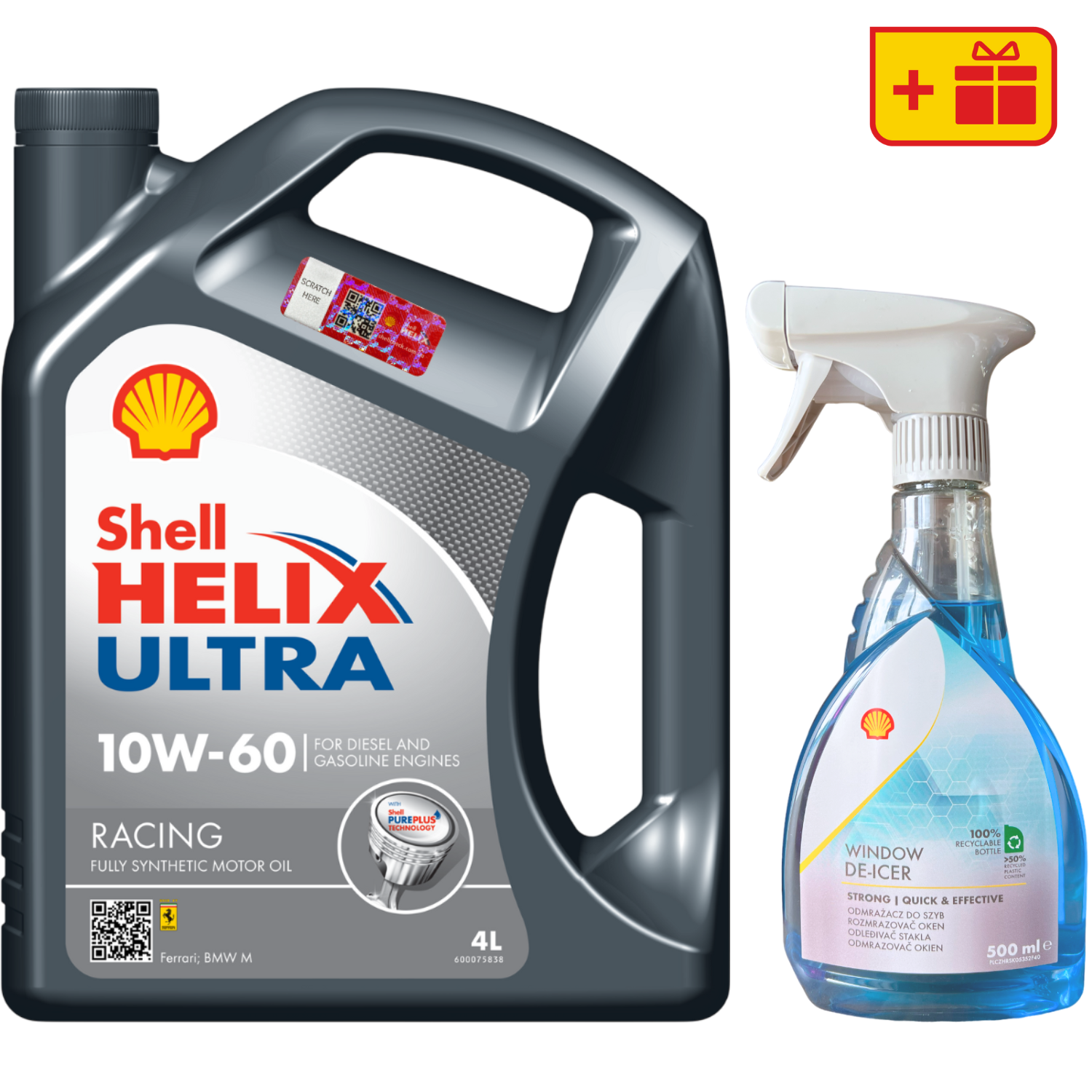 Моторна олива Shell Helix Ultra Racing 10W-60, 4 л + Розморожувач скла Shell Window De-Icer 0.5 л